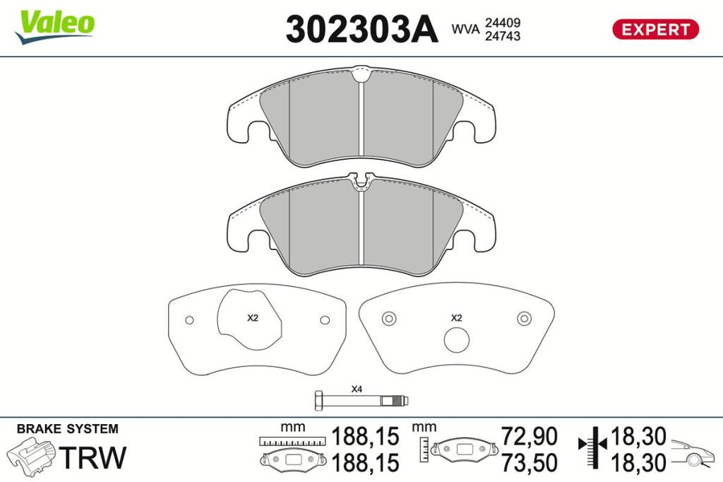 Jeu de 4 plaquettes de frein VALEO ref. 302303A